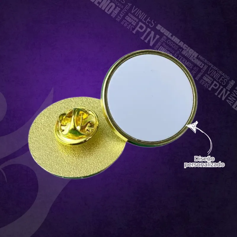 PIN METÁLICO DORADO con placa de aluminio sublimable